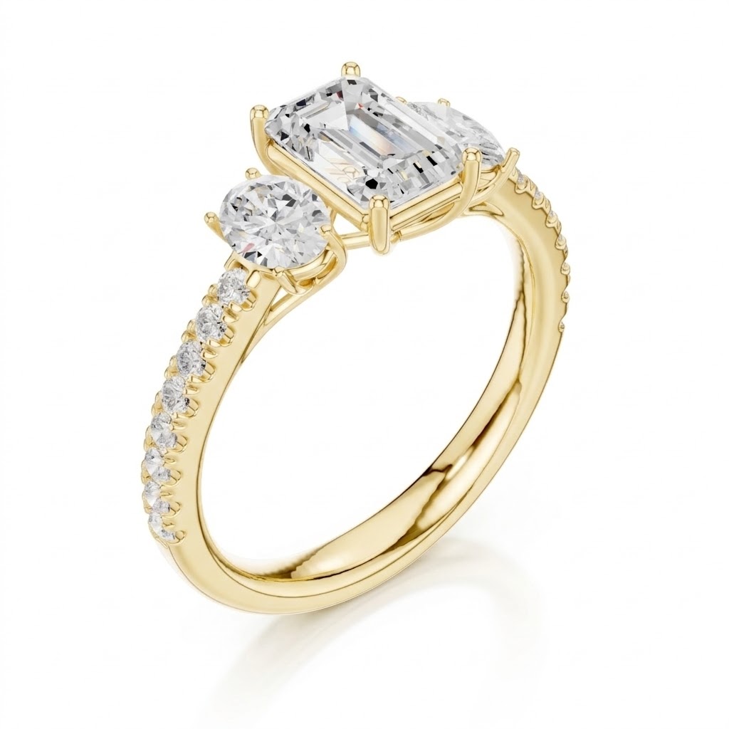 Emerald Cut Three-Stone Pavé